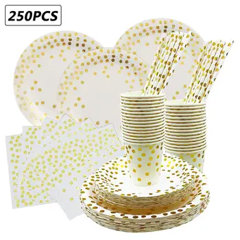 

250 pcs Disposable Dinnerware Gold Dot Disposable Cups Plates Straws Set for Graduation Birthday Wedding Cocktail Party Supplies