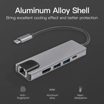 Extension Converter Adapter Coupler Type C Docking Station 5 in 1 HUB Converter 4K HDMI-compatible 2 USB 3.0 LAN RJ45 Adapter 1