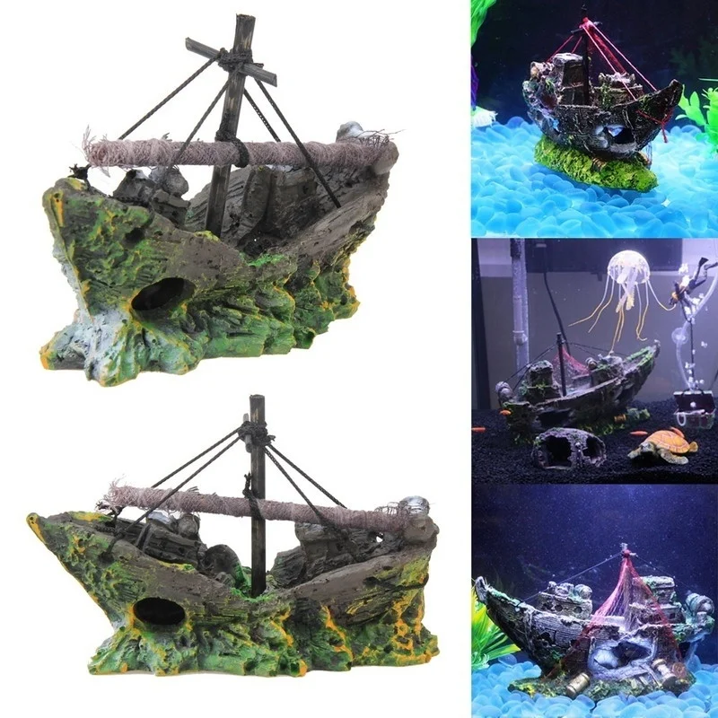 Resin Home Aquarium Ornament Wreck Sunk Ship Sailing Boat Destroyer Fish Tank Decoration | Дом и сад