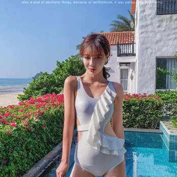 

Sexy Swimsuit Surfing Swimsuits For Women Female Push Up One Piece 2019 New Korea Neck Falbala Solid Polyester