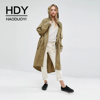 

HDY Haoduoyi Fashion New Simple Loose Casual Atmosphere Boyfriend Style Personality Hooded Long Solid Color Wind Breaker Jacket