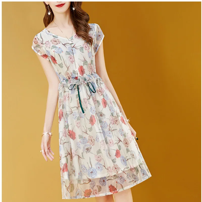 

WOMEN'S Dress Ladies' V-neck Floral-Print Chiffon Dress France Non-mainstream Platycodon Grandiflorum Medium-length Dress 2019 S