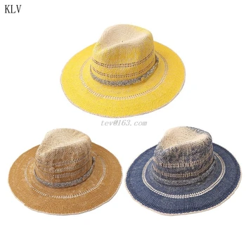 

Women Summer Straw Panama Fedora Sun Hat Gradient Contrast Color Glitter Rhinestone Chain UV Protection Travel Beach Cap