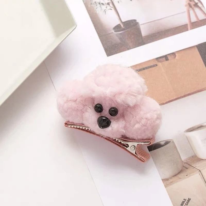 М мизм милый кролик пряжа заколки для волос для детей девочек Корейский стиль аксессуары для волос Kawaii мохнатый кролик стереоскопические заколки - Цвет: Hiarpins-Dog-Pink