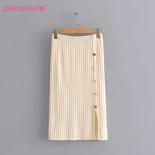 LUNDUNSHIJIA Осенняя Женская трикотажная стрейчевая юбка миди модная открытая вилка с боковой пряжкой тонкие юбки с эластичной резинкой на талии юбки для женщин