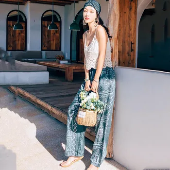 

Bohemian ethnic style summer new vacation floral wide leg pants fashion loose high waist retro printed wide leg pants 2019 women