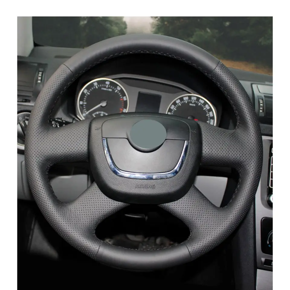 Black Genuine leather Hand-stitched Car Steering Wheel Cover for Skoda Skoda Octavia a5 2012 Octavia Superb 2012 Fabia