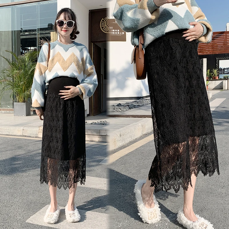 8524# Spring Autumn Chic Lace Maternity Skirts High Waist Adjustable Belly Clothes for Pregnant Women Korean Pregnancy
