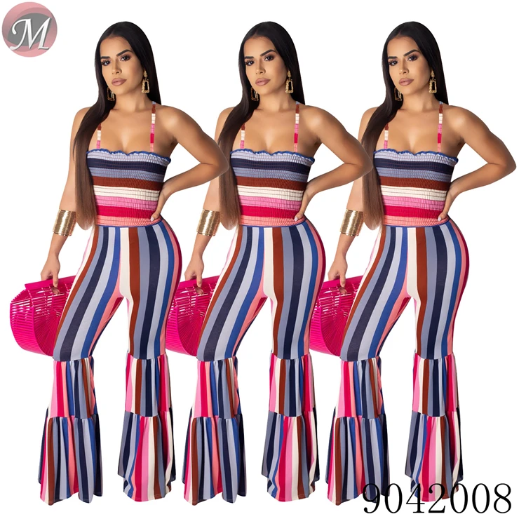9042008 Sexy suspender smocking stitch flared women long jumpsuit