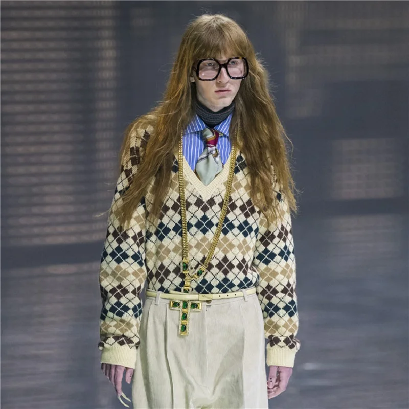 Женский свитер в клетку повседневный свободный стиле ретро с длинными рукавами