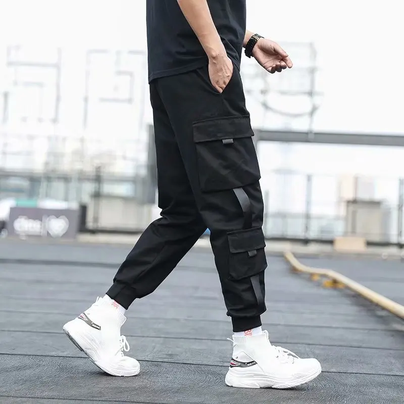 Men's Side Pockets Cargo Harem Pants 2021 Ribbons Black Hip Hop Casual Male Joggers Trousers Fashion Casual Streetwear Pants