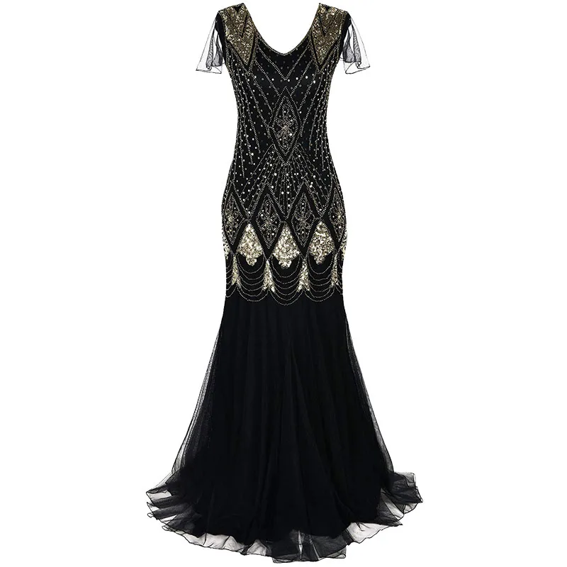 Black Gold Женское платье 1920s Great Gatsby, длинное платье 20 s, винтажное платье с v-образным вырезом и коротким рукавом, вечерние платья макси для выпускного вечера, коктейльное платье - Цвет: Black Gold