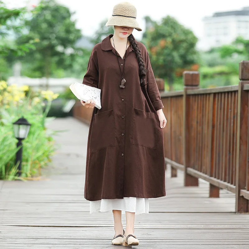 New Style Fashion Early Autumn-Online Celebrity Literature And Art Retro Cotton Linen Middle Long Coat Autumn Clothing