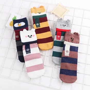 

5 Pairs Women Stripes Cotton Crew Socks Cute Cartoon Scarf Animal Ears Hosiery