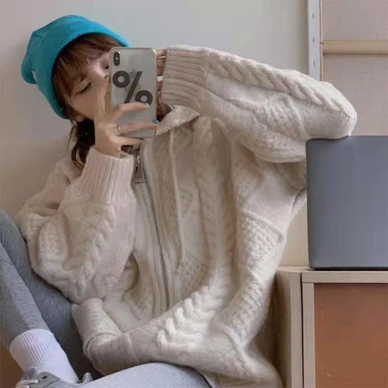 

Women Autumn Winter Korean Loose Knitted Cardigan Casual 2023 Hooded Twist Sweater Zipper Long Sleeve Crochet Outerwear Female