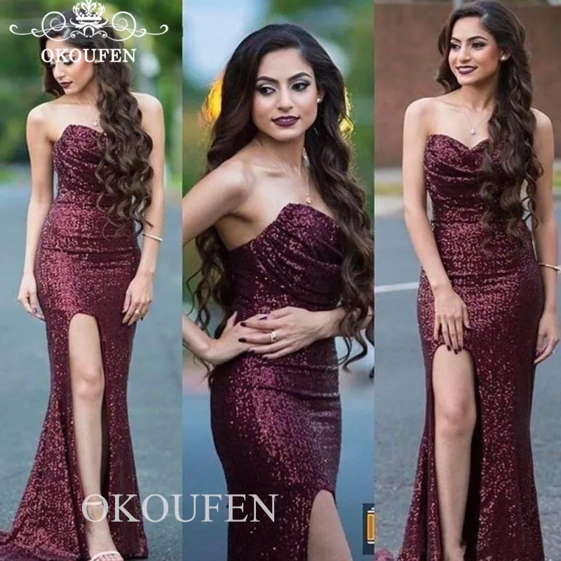 

Sparkling Sequined Burgundy Evening Dress For Women Sweetheart Long Side Split Prom Dresses Formal Abendkleider