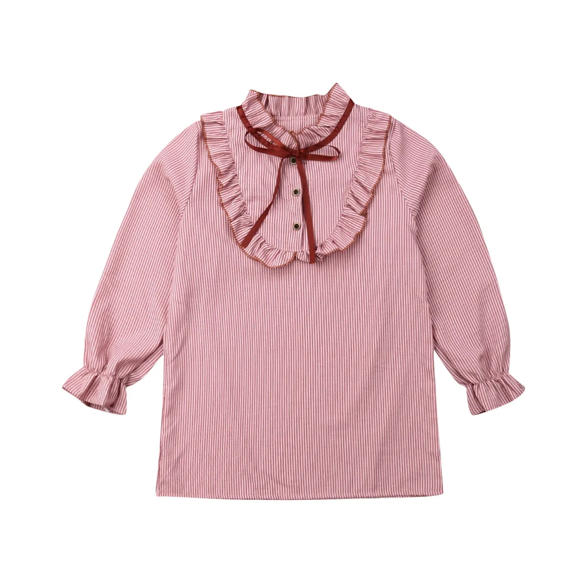 Harajuku/Элегантные детские милые Однотонные блузки с оборками Одежда для девочек детские рубашки с длинными рукавами Повседневный хлопковый детский топ на шнуровке 4-14T - Цвет: Розовый