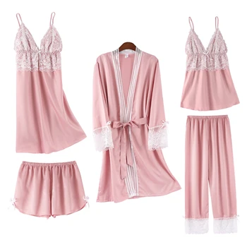 

Women Pink Robe Set Kimono Gown Silky Satin 5 PCS Sleepwear Nightdress Casual Soft Sleep Set Nightwear Sexy Homewear Pajamas