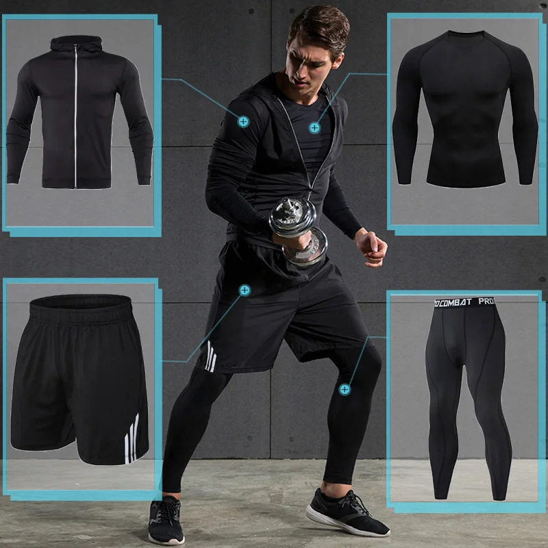 

4-Piece Suit Men Sportswear Compression Sport Suits Quick Dry Running Sets Clothes Sports Joggers Training Gym Fitness Tracksuit