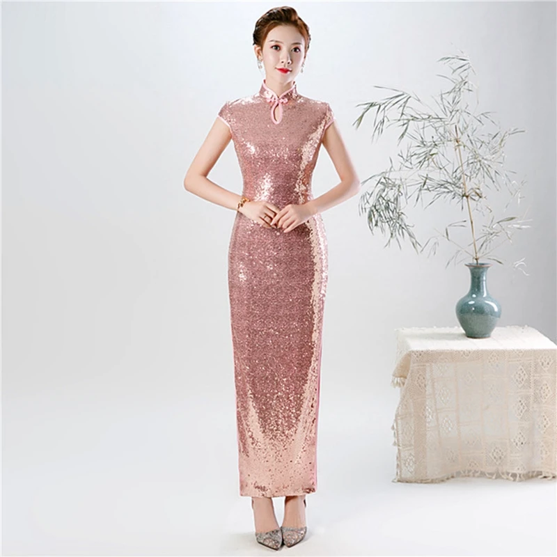 Большой размер улучшенный cheongsam 5XL Осень розовый блесток мода cheongsam женский этикет Подиум представление cheongsam