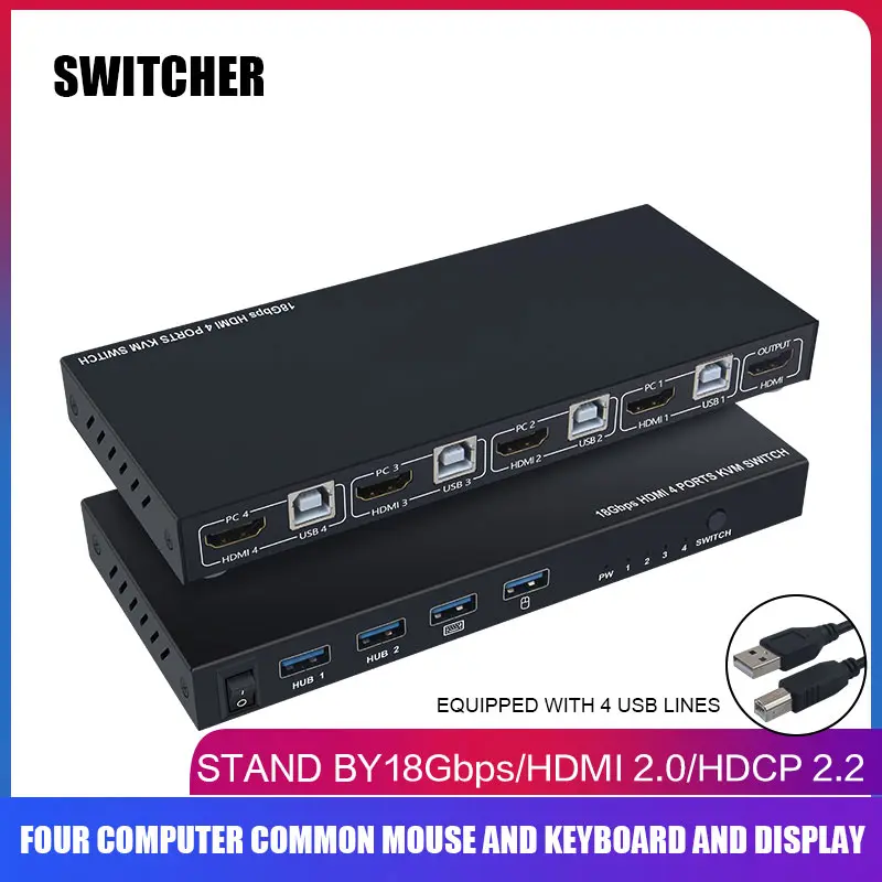 2019 Hot Ultra HD 4K HDMI KVM Switcher 4 Ports Inputs and 1 Port Outputs HDMI2.0 Mouse Keyboard USB Sharer For DOY