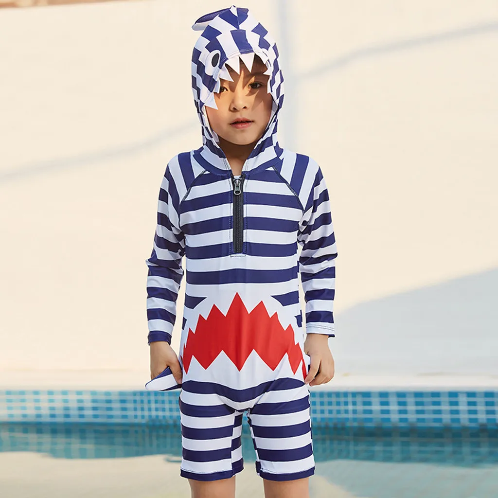 New summer bathing suit Boys Long Sleeve Conjoined Boxer Shark Print Swimsuit Hooded Sunscreen Swimwear 30