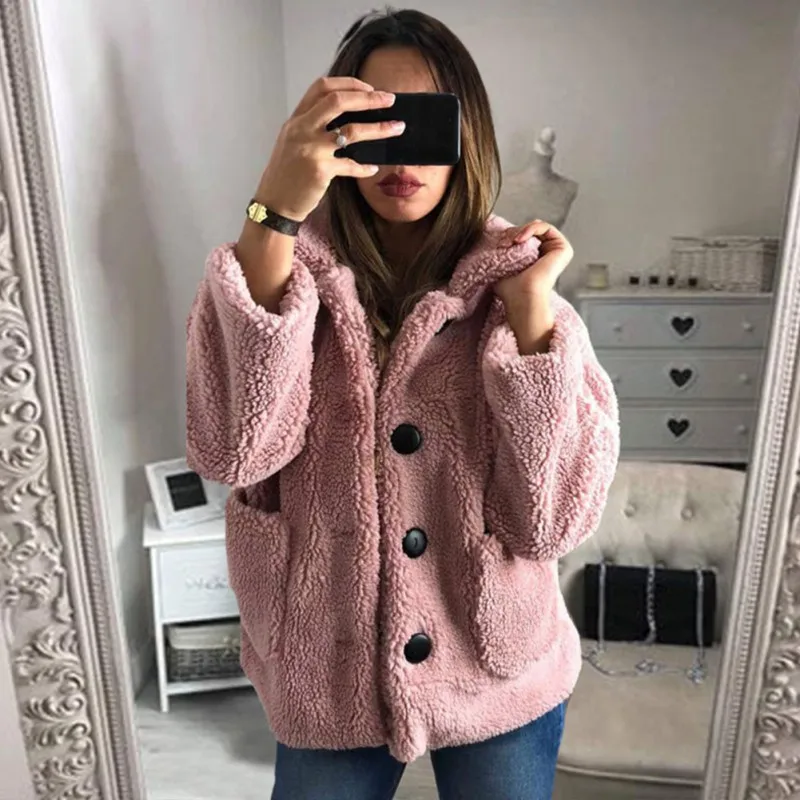 

2019 Winter Women Warm Long Sleeve Fleece Jackets Fashion Solid Button Outwear Coats with Pockets Female Casual Loose Lapel Coat