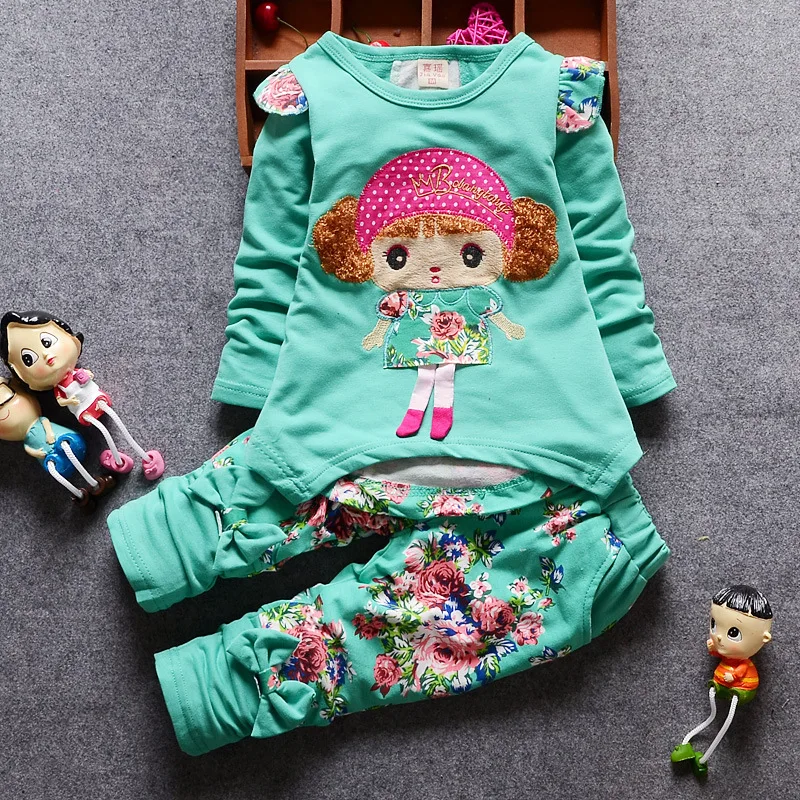 New Spring Autumn Kids Cartoon Clothes Suit Baby Girls Flower T Shirt Pants 2Pcs/Sets Infant Cotton Clothing Children Sportswear