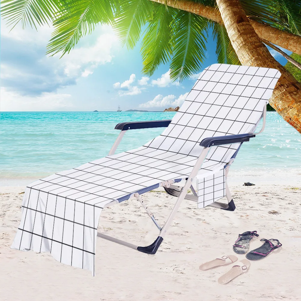 Plaid Striped Microfiber Beach Chair Cover Towel With Pocket Outdoor