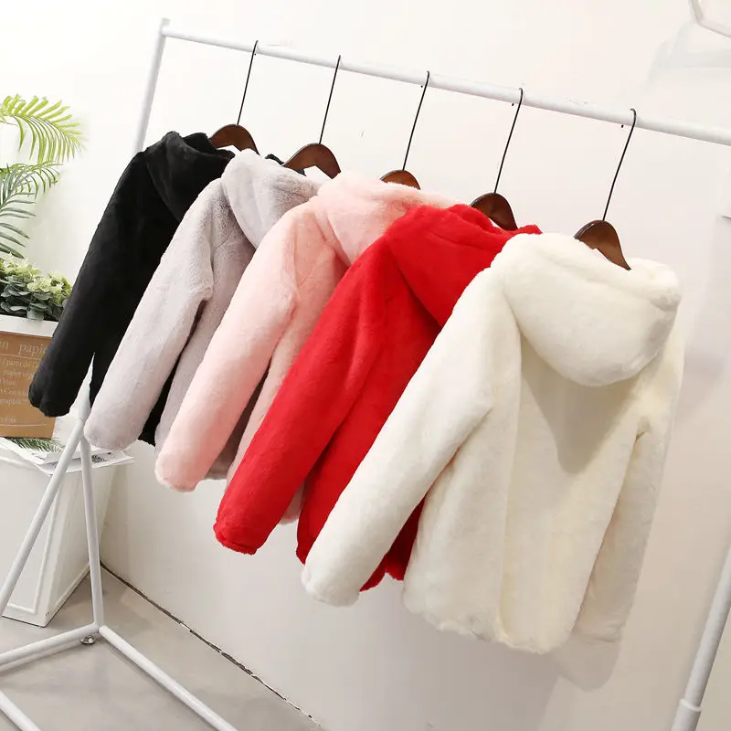 

2019 New Faux Fur Coat With Hood High Waist Fashion Slim Black Red Pink Faux Fur Jacket Fake Rabbit Fur