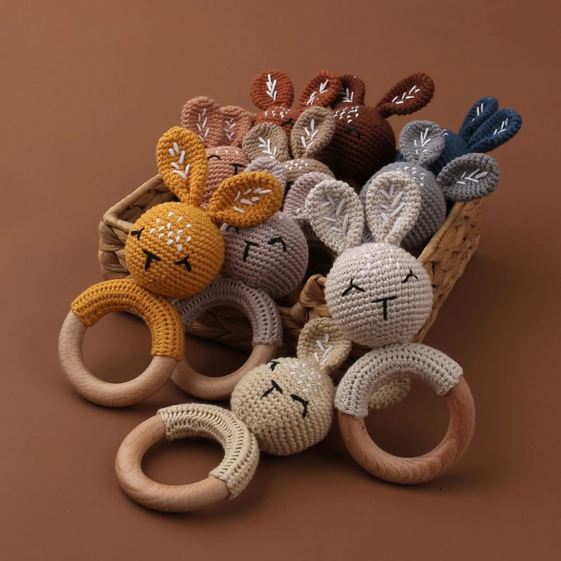 1pc Wooden Crochet Bunny Rattle Toy BPA Free Wood Ring Baby Teether Rodent Baby Gym Mobile Rattles Newborn Educational Toys