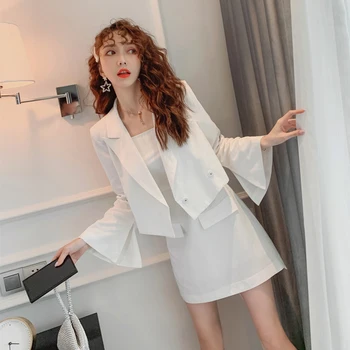 

Fashion fresh short jacket new arrival elegant mini a-line dress 2 pieces high quality work style cute fresh white women set