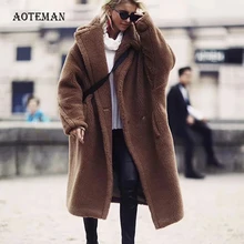 Зимнее женское пальто из искусственного меха, повседневные Длинные куртки с искусственным мехом большого размера, пальто, Толстая теплая Свободная верхняя одежда, пальто с Плюшевым Мехом casaco feminino