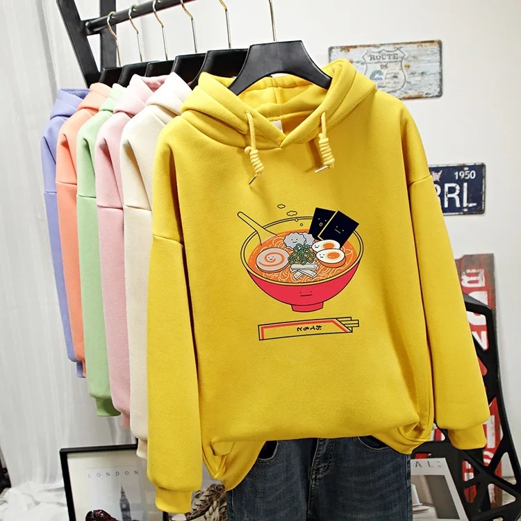 Yellow Осень зима мультфильм лапша печатных толстые толстовки корейский стиль свободный длинный рукав Женская Повседневная Толстовка с капюшоном - Цвет: Yellow