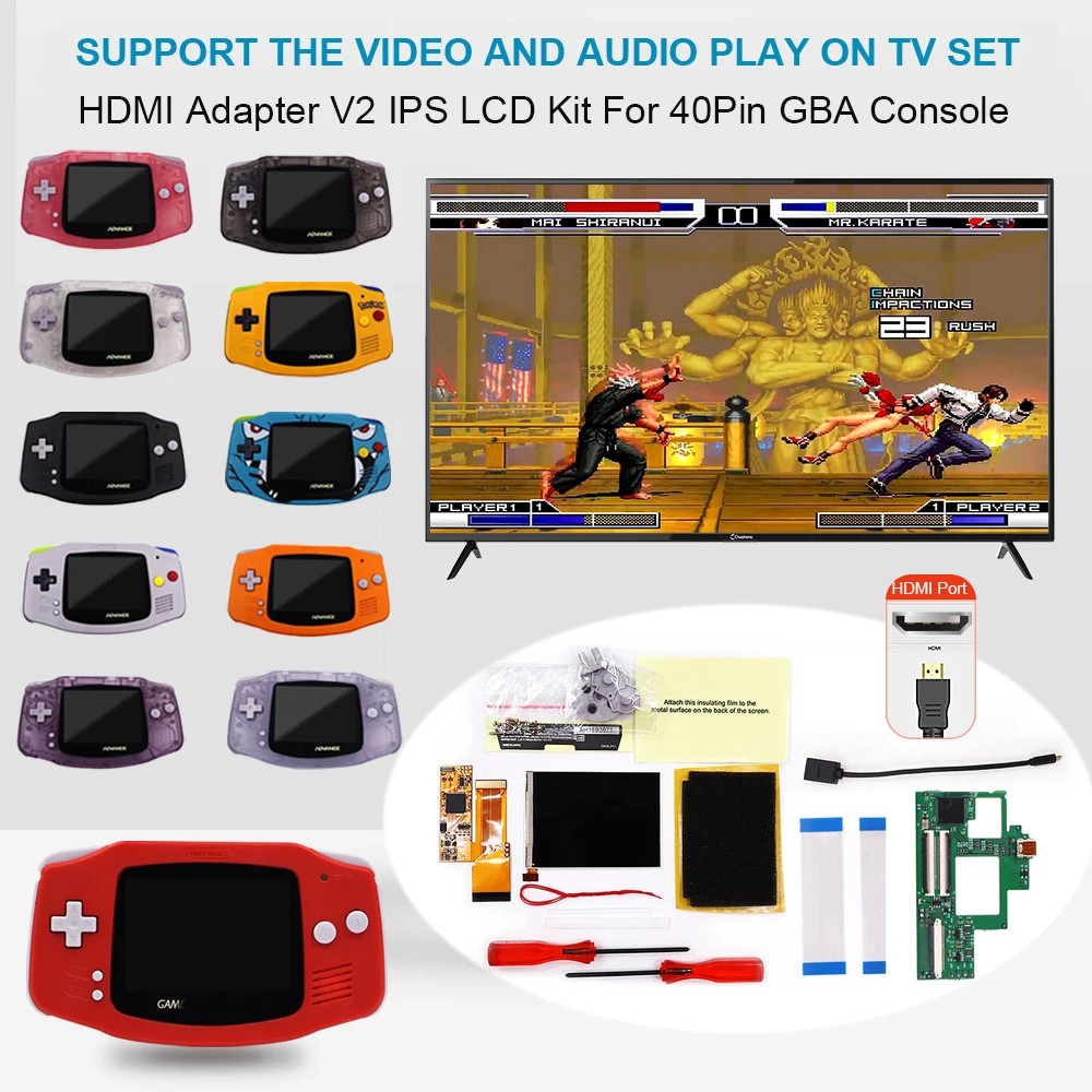 40Pin HDMI-compatible Adapter HDTV Converter V2 Backlight Brightness IPS LCD Kit For 40Pin Gameboy Advance GBA &Pre-cut shell