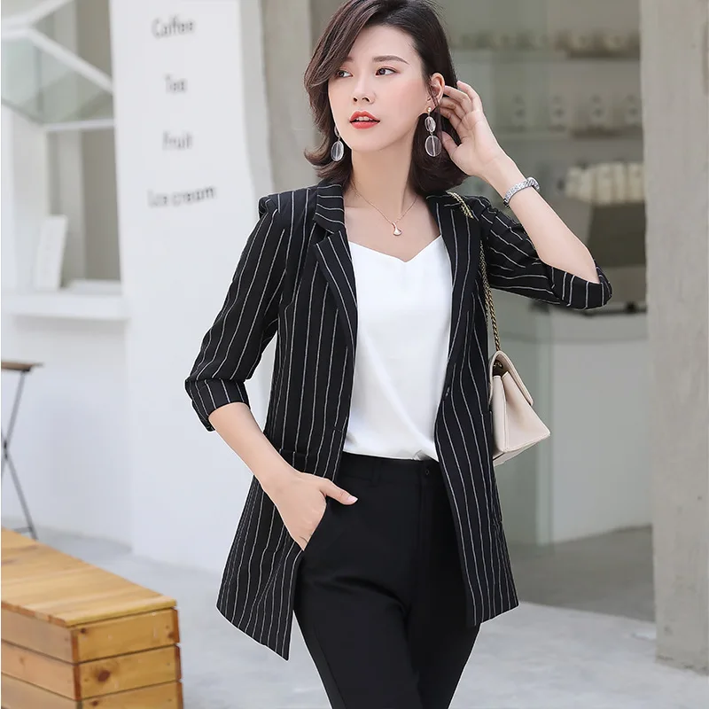 New 2020 Black White Female Elegant Striped Womens Women Blazers Casual Long Blazer Dress for Lady Blazers and Jackets Coats 600