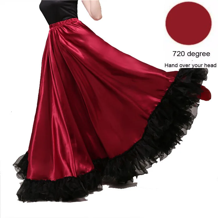 Модные Великолепные женские большие размеры юбка для танца живота испанское фламенко платье сценическая одежда команды Кружева атласная однотонная гладкая юбка - Цвет: Wine red 720 degree