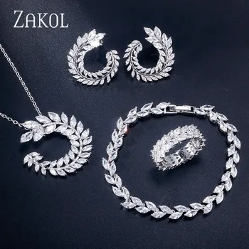 

ZAKOL 4 Pcs Leaf Shape New Fashion CZ Necklace Earring Bracelet and Ring Sets Famous Brand Jewelry Womens Accessories FSSP3052