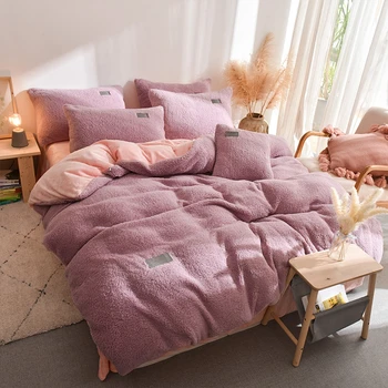 

Home Textiles 4pcs Winter Bedding Sets Soft Warm Lamb Cashmere Quilt Cover Set Flannel Sheet Pillowcase Solid Fleece Bed Cover