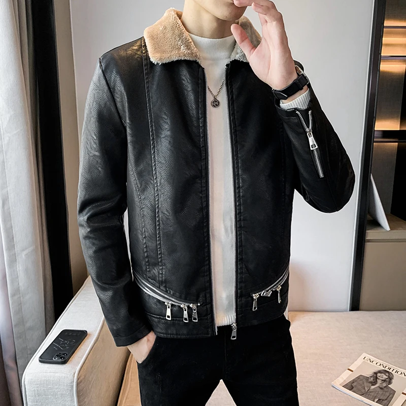 Social Winter Leather Jacket Men Plus Velvet Thickened Faux Fur Collar Coat Motorcycle Bike PU Outwear Clothing | Мужская одежда