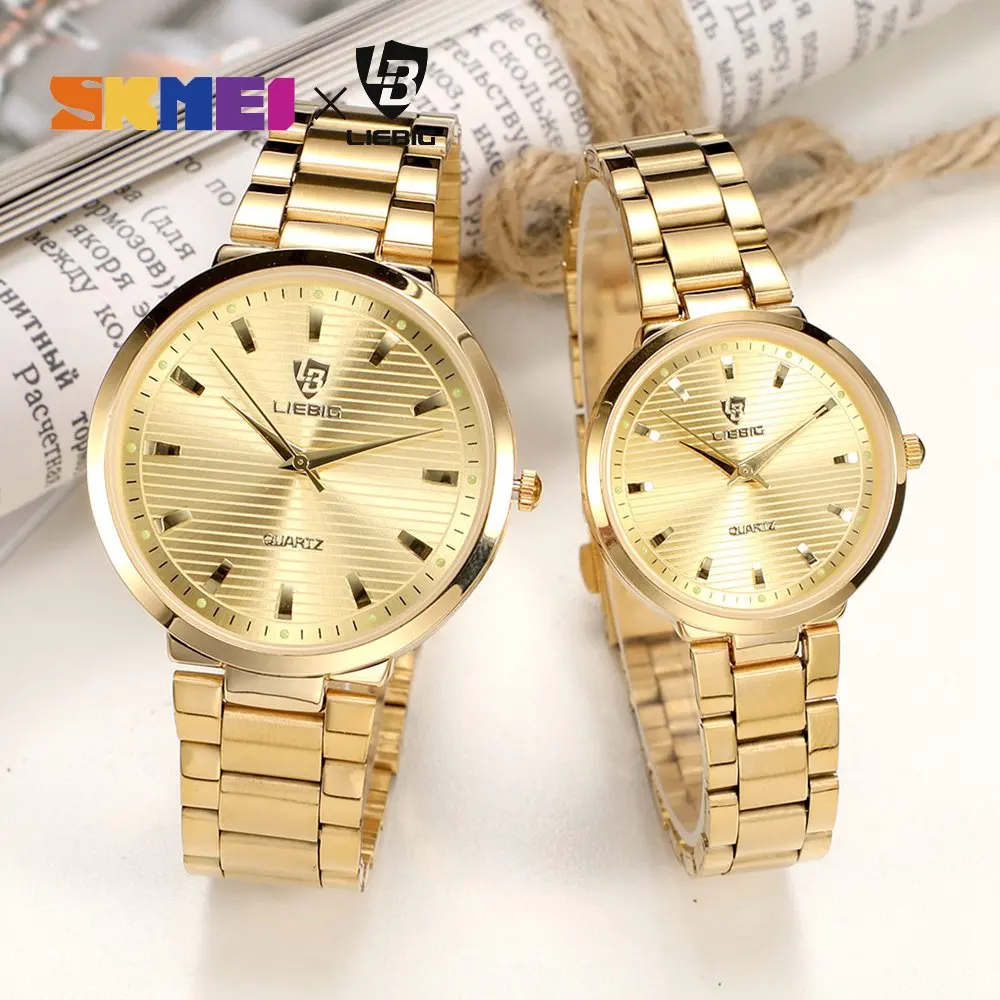 BEST  Luxury Couple Watch Quartz Wrist Watches Golden Fashion Stainless Steel Lovers Watch For Women & Me