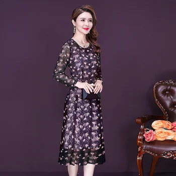 

High Quality Autumn Winter Dress Floral Print New Fashion Temperament Middle Aged Mother Elegant Embroidery Woman Dress