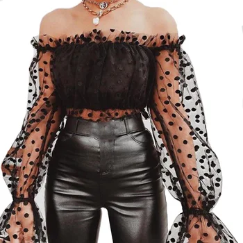 

Brand New Women Sheer Lace Off Shoulder T Shirt Crop Tops Ladies Mesh Polka Dots Long Lantern Sleeve Tube Tops Party Clubwear