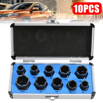 

10pcs 9-19mm Alloy Bolt Nut Extractor Set Remover Damaged Rusted Socket Impact Wrench Tool Kit With Box