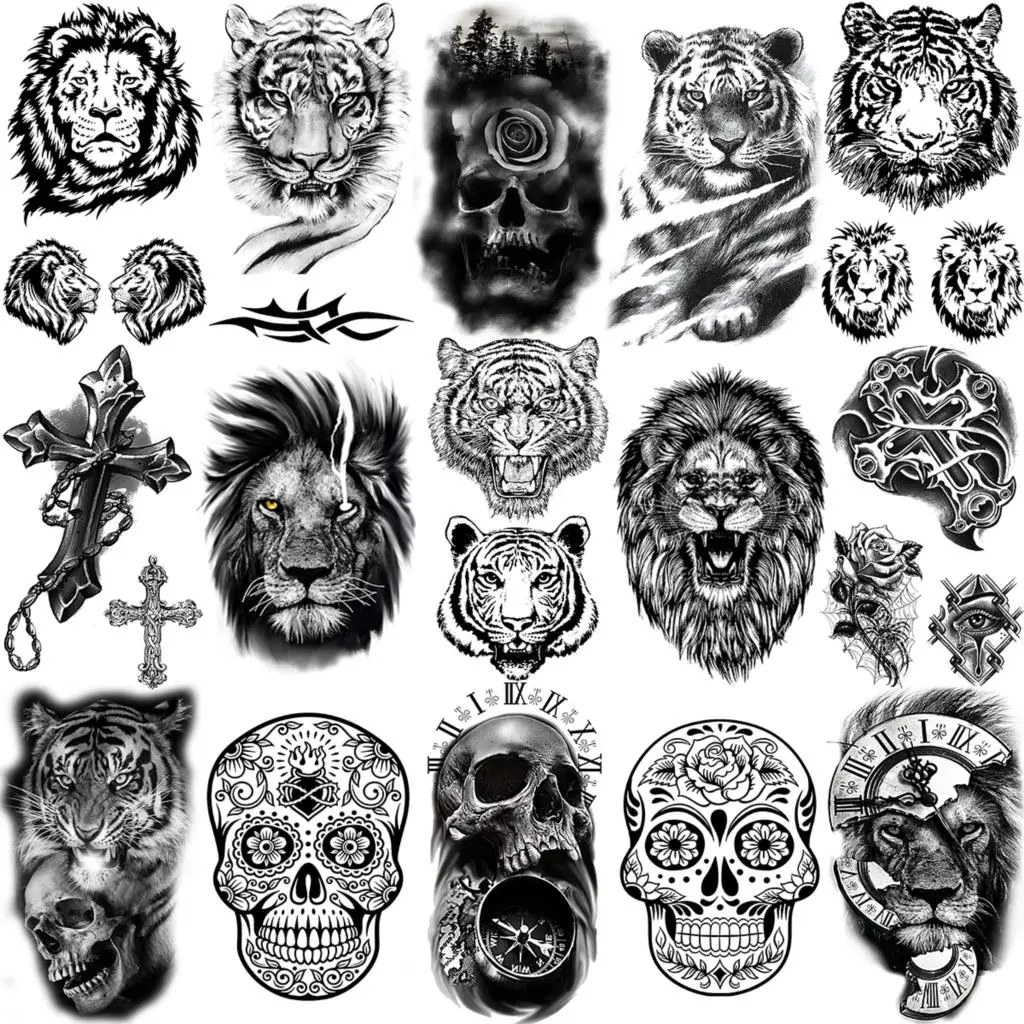 

Маленькие реалистичные Временные татуировки Тигр Лев для женщин взрослых мужчин детей череп крест искусственная Татуировка водостойкая бумага