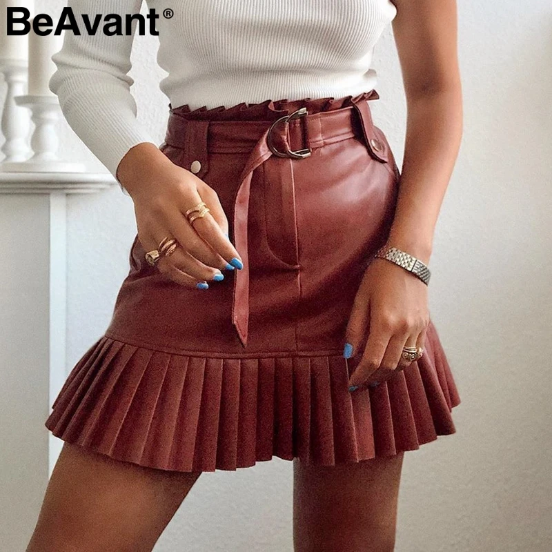 BeAvant, сексуальный пояс, искусственная кожа, Женская юбка, осень, с оборками, высокая талия, Женская мини-юбка, трапециевидные, вечерние, для клуба, для девушек, короткие юбки