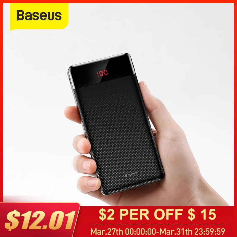 

Baseus Slim Power Bank 10000mAh Digital Display Phone Charger Portable External Battery for iPhone 11 Samsung Thin USB Powerbank