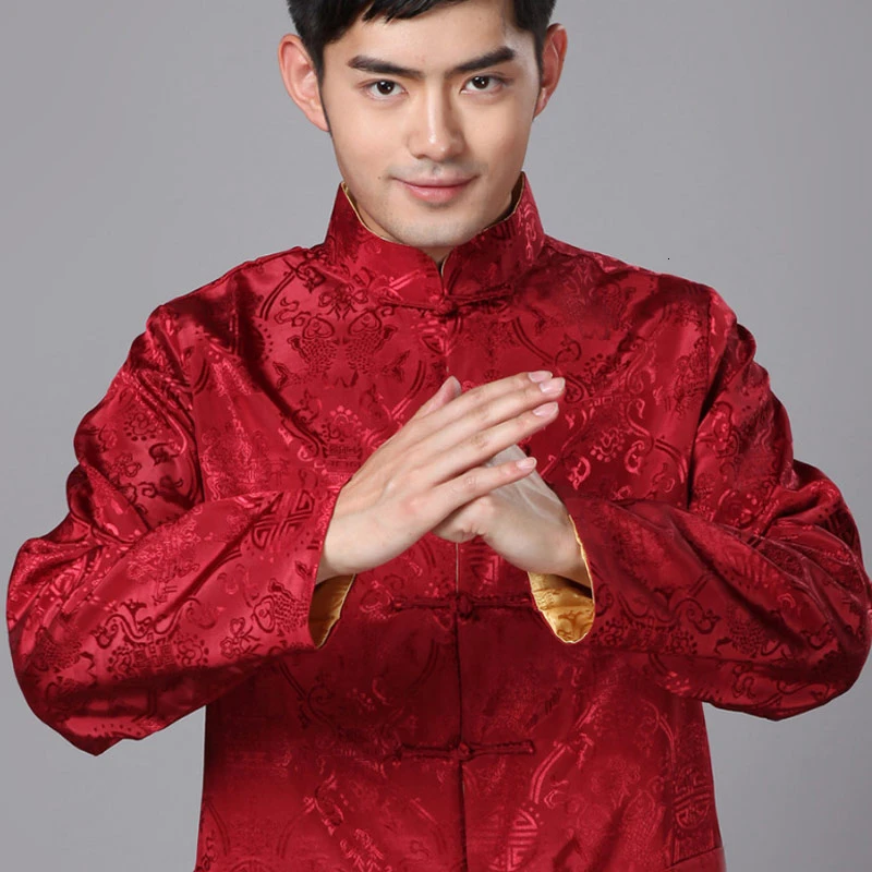 Mens Red Gold Black Blue Colors Traditional Chinese Clothing Chinese Traditional Wear Long Sleeve Two Sided Mens Shirts For Men