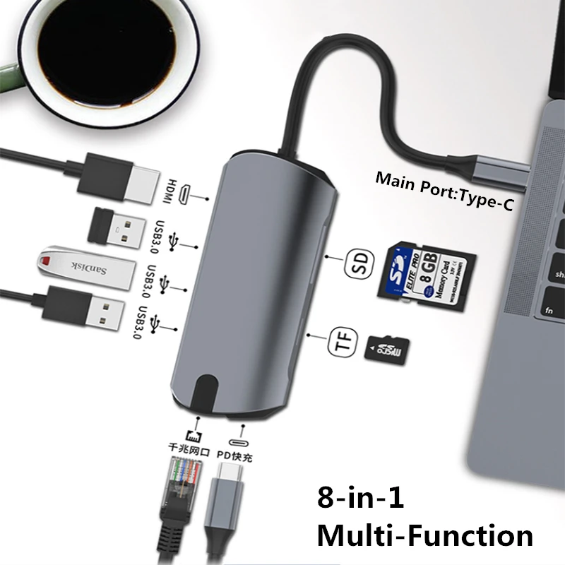 

USB Hub 3.0 with Power Adapter SD TF Card HDMI Reader RJ45 Ethernet Plitter PD Charger USB-C Type-C Multi Hub for Mackbook Pro