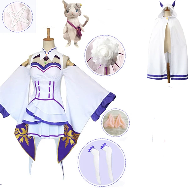 Re Zero Hajimeru Isekai Seikatsu Emilia, парики, костюмы для косплея, женское платье с головным убором для Хэллоуина, вечерние - Цвет: package 3